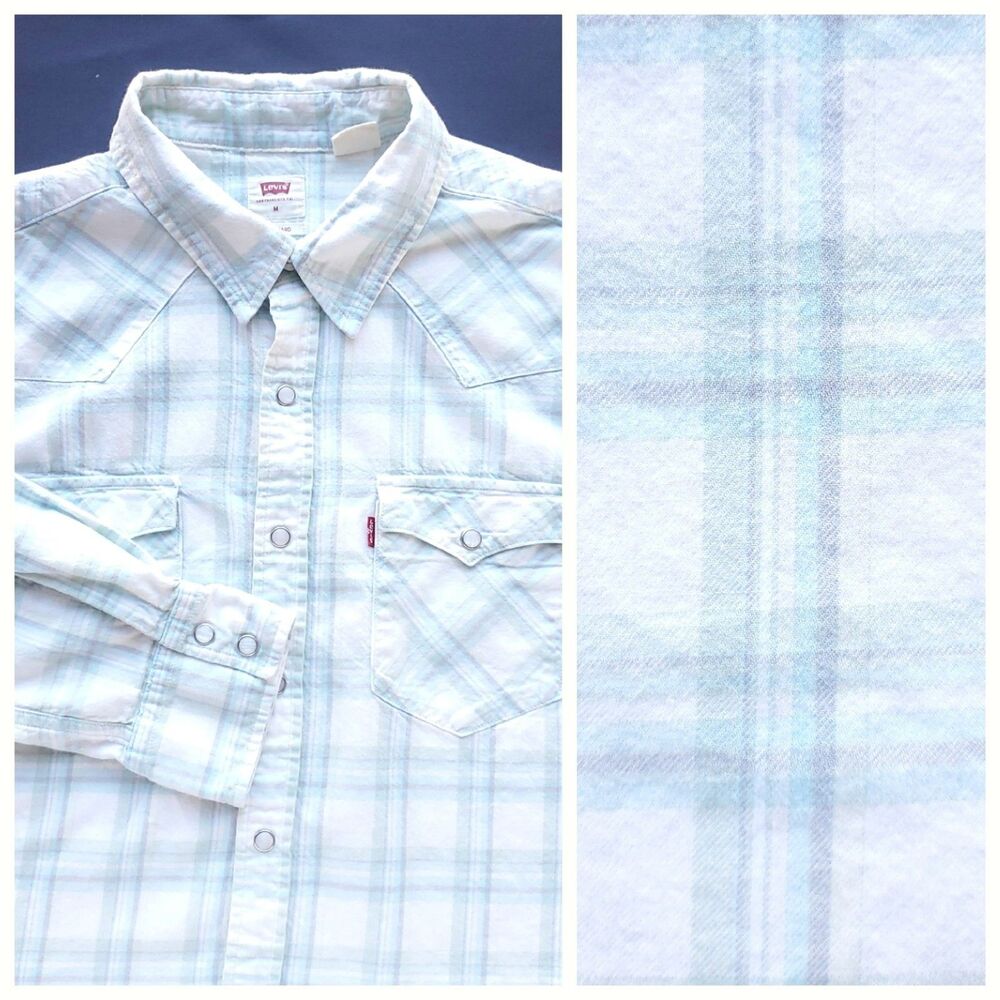 Levis Western Shirt Mens M Flannel Pearl Snap Plaid White Green Long Sleeve
